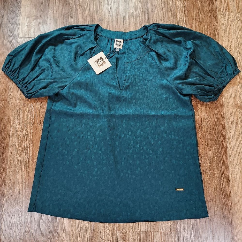 🔸️NWT Anne Klein Botanical Green Puff Sleeve Top Small